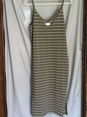 MELLODAY Olive & White Striped Knit Midi Slip Dress